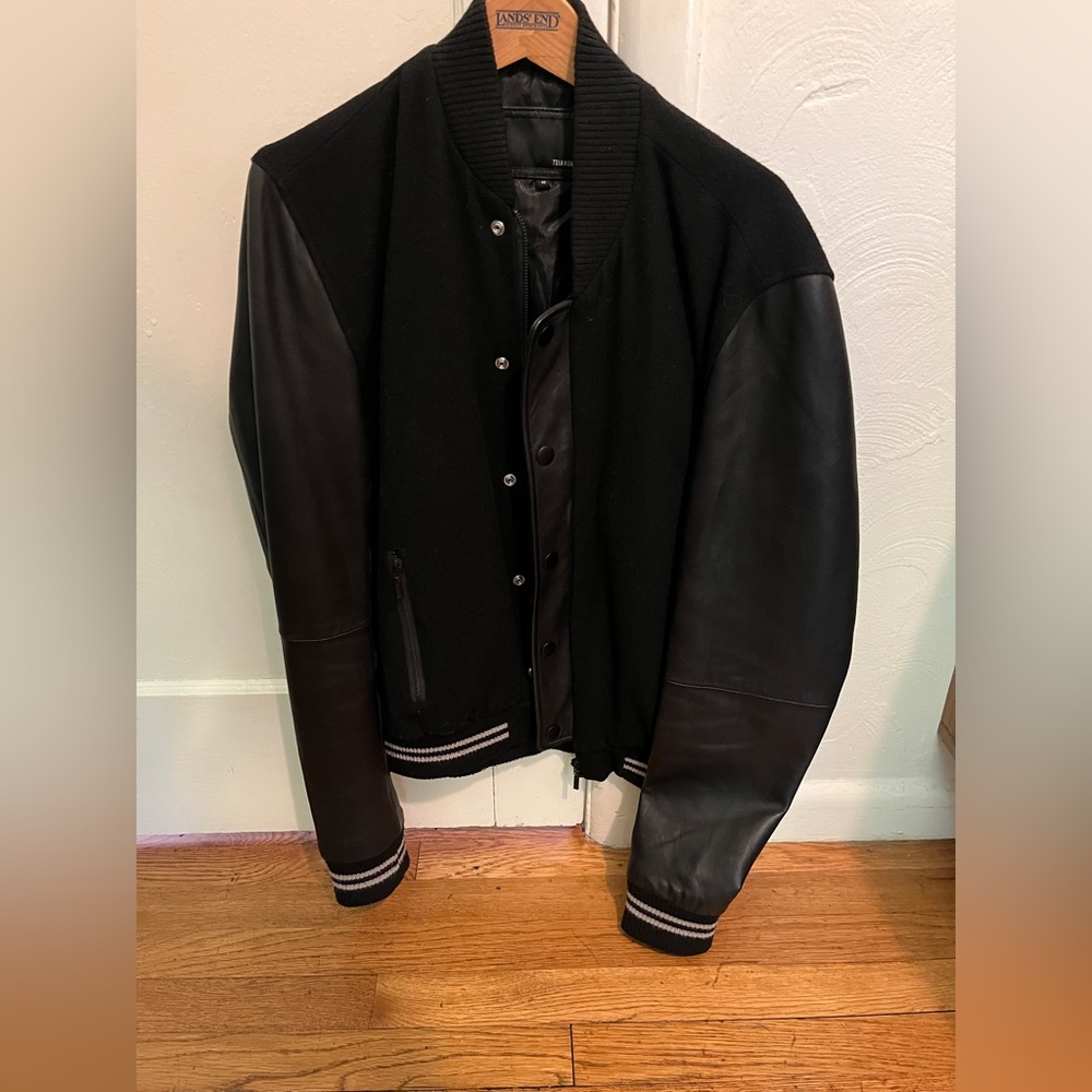 Men’s medium 7 Diamonds Black Leather Bomber Varsity Letterman’s Jacket leather